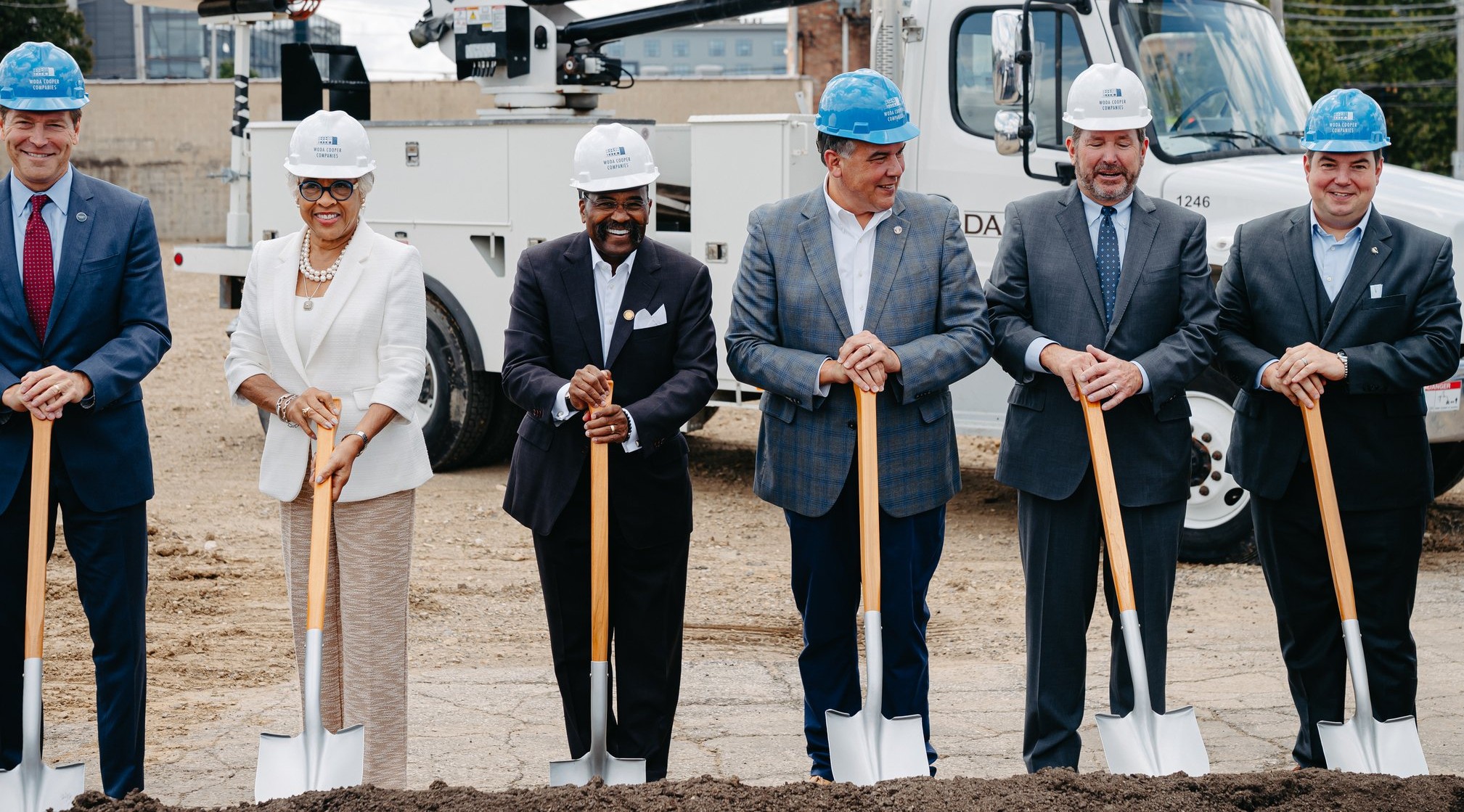 left to right, Columbus State President David Harrison, U.S. Rep. Joyce Beatty, State of Ohio Senator Hearcel Craig, Columbus Mayor Andrew Ginther, Woda Cooper Communities President Jeffrey Woda, and Chief Real Estate Development Officer Zach Woodruff.