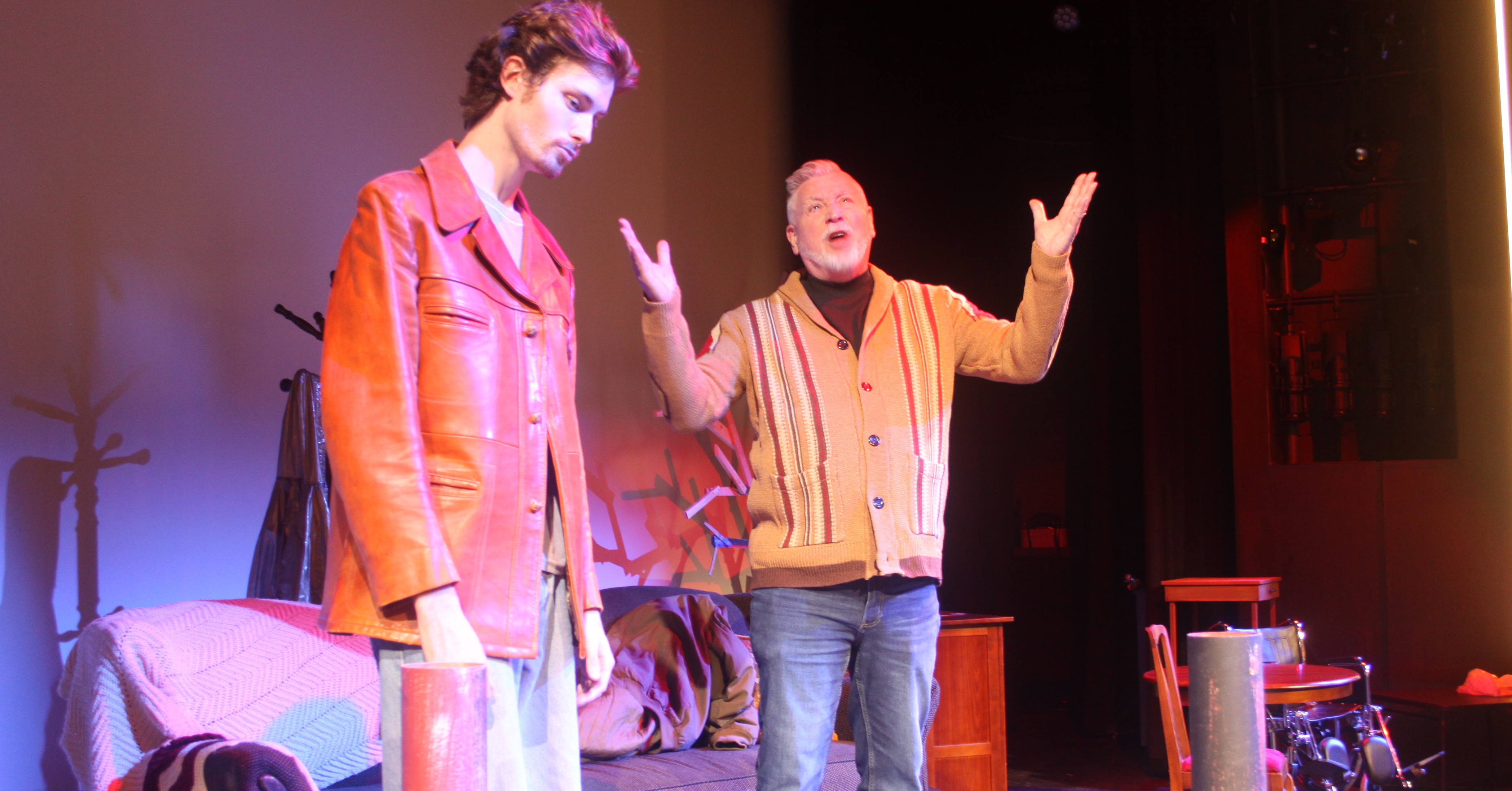 Ryan Krukowski, on the left, and Frank Barnhart rehearse a scene from “The Shadow Box” on Nov. 3 at the Nestor Hall for Performing Arts.