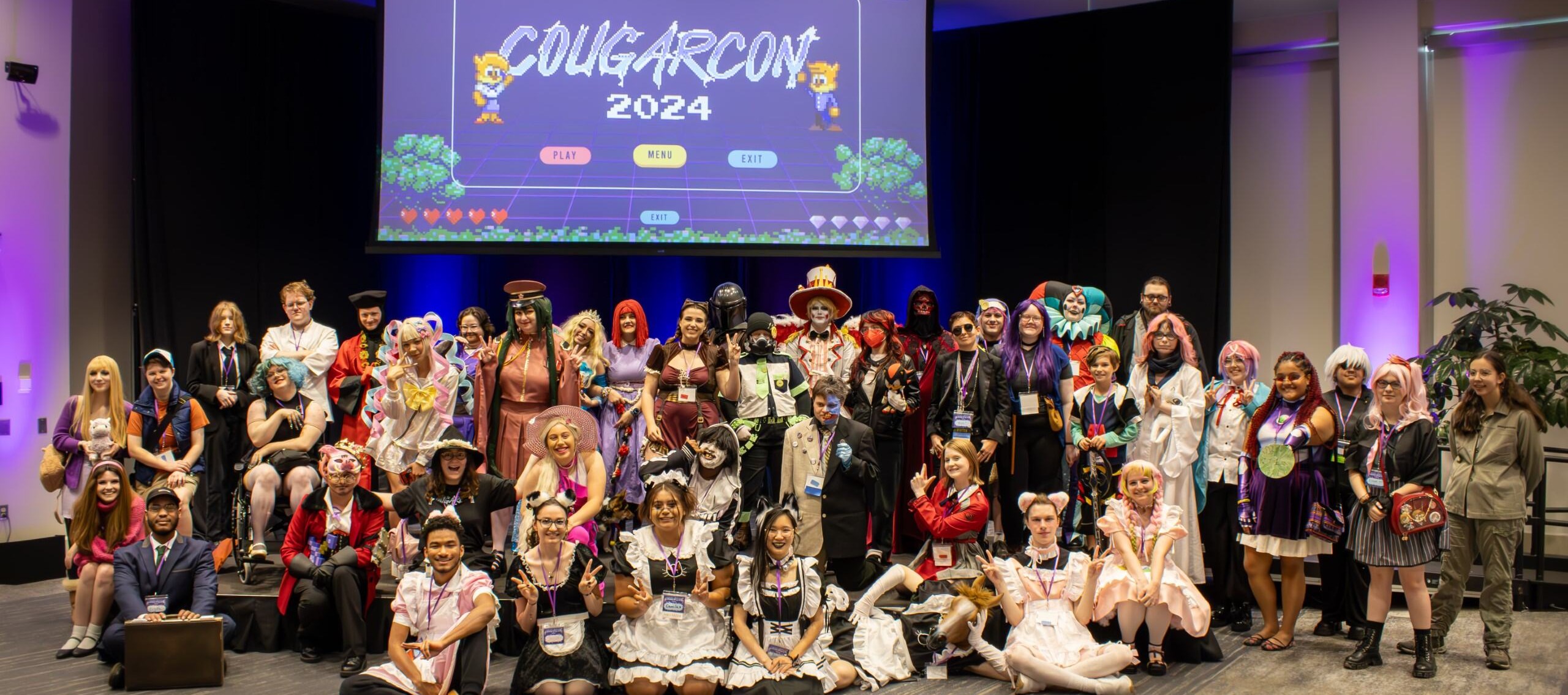 Attendees to CougarCon who came dressed in cosplay. Some participated in a fashion show; others entered a Cosplay Contest. The cosplays are from various types of media in pop culture, such as animated shows, cartoons, anime, comics, and video games.
