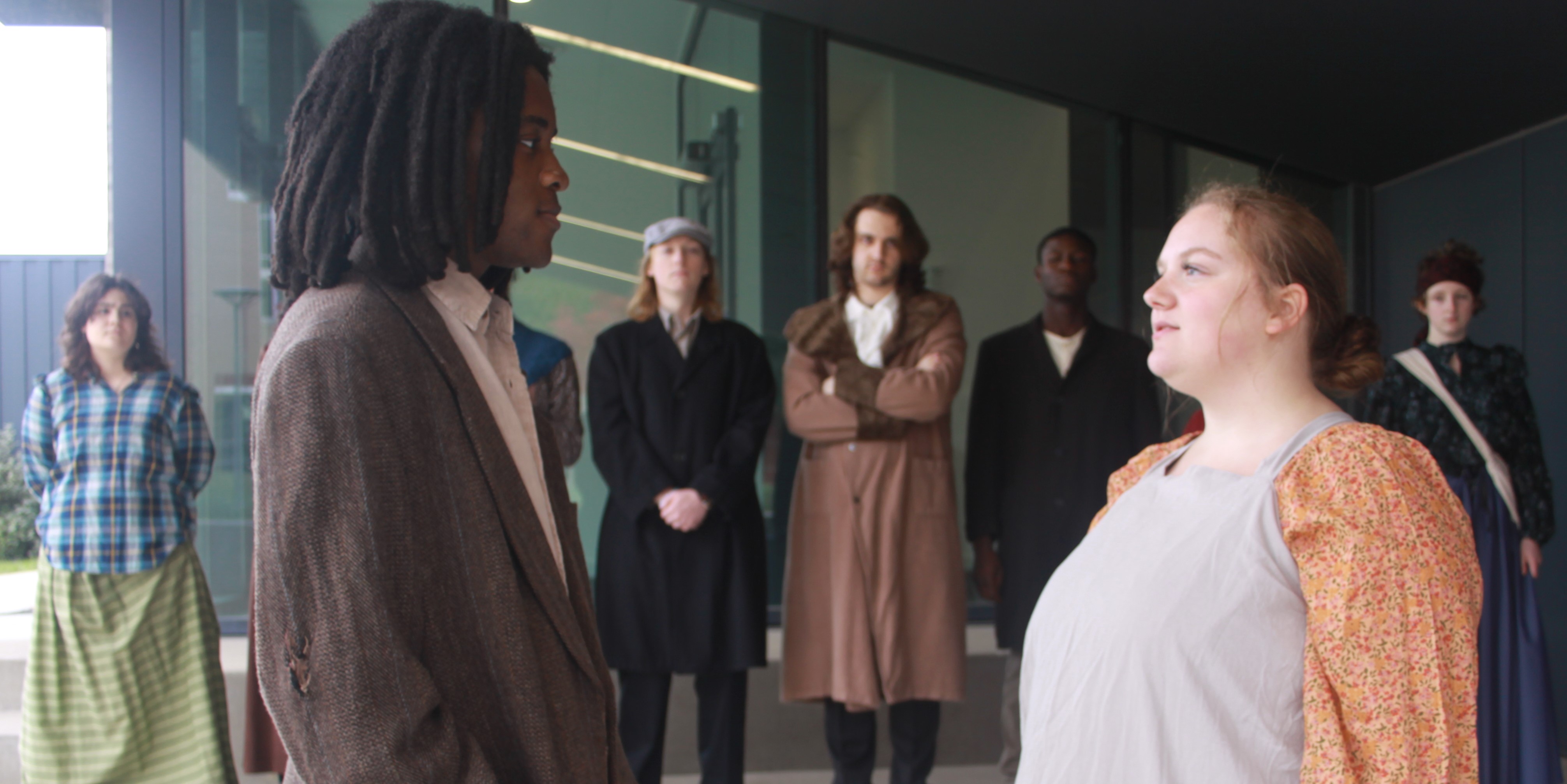 Givan Onuaguluchi-May on the left and Paige Brumbaugh on the right rehearse Abigail/1702 on Oct. 17. 
