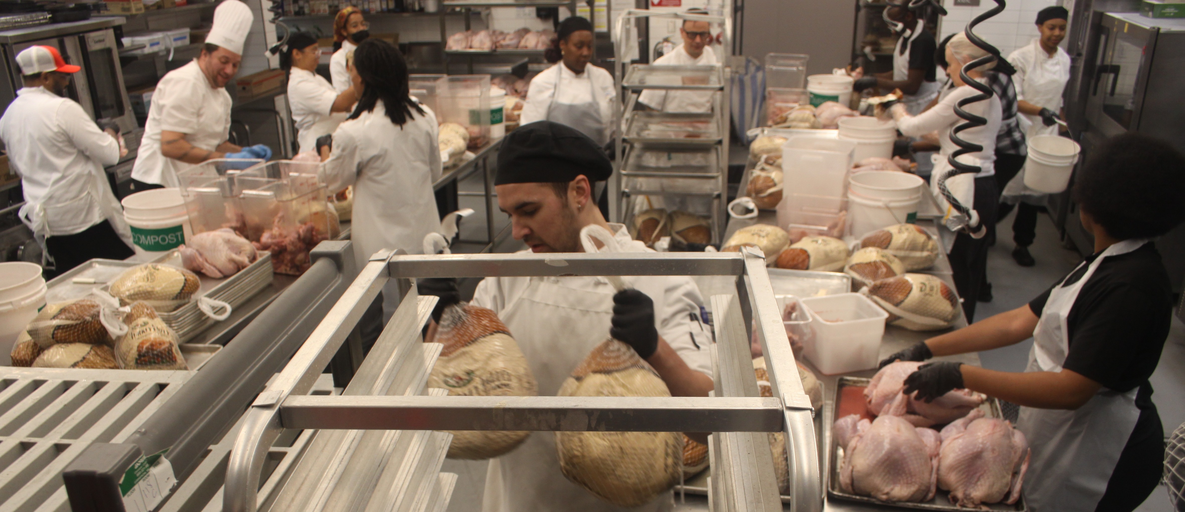 Volunteers prepared 500 turkeys in Mitchell Hall on Nov. 24. Later that week, they were oven-roasted in the various kitchens in the building before being distributed. 