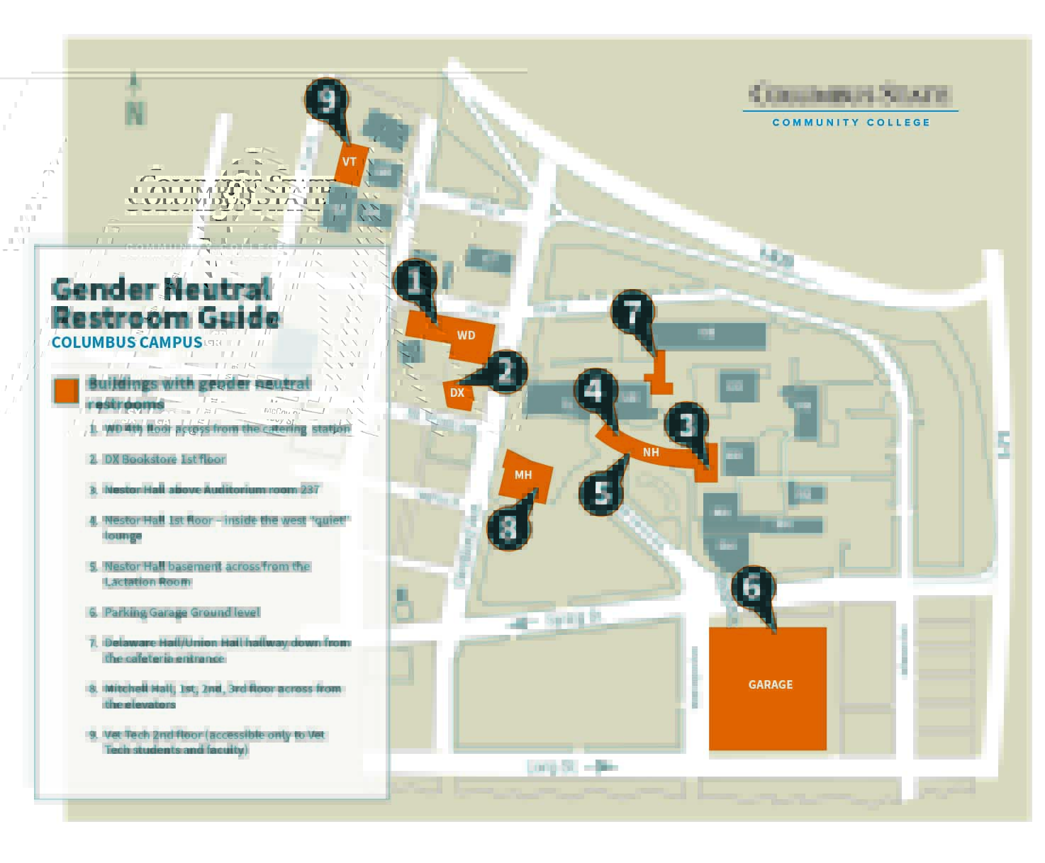 Map featuring buildings with gender neutral restrooms at Columbus campus