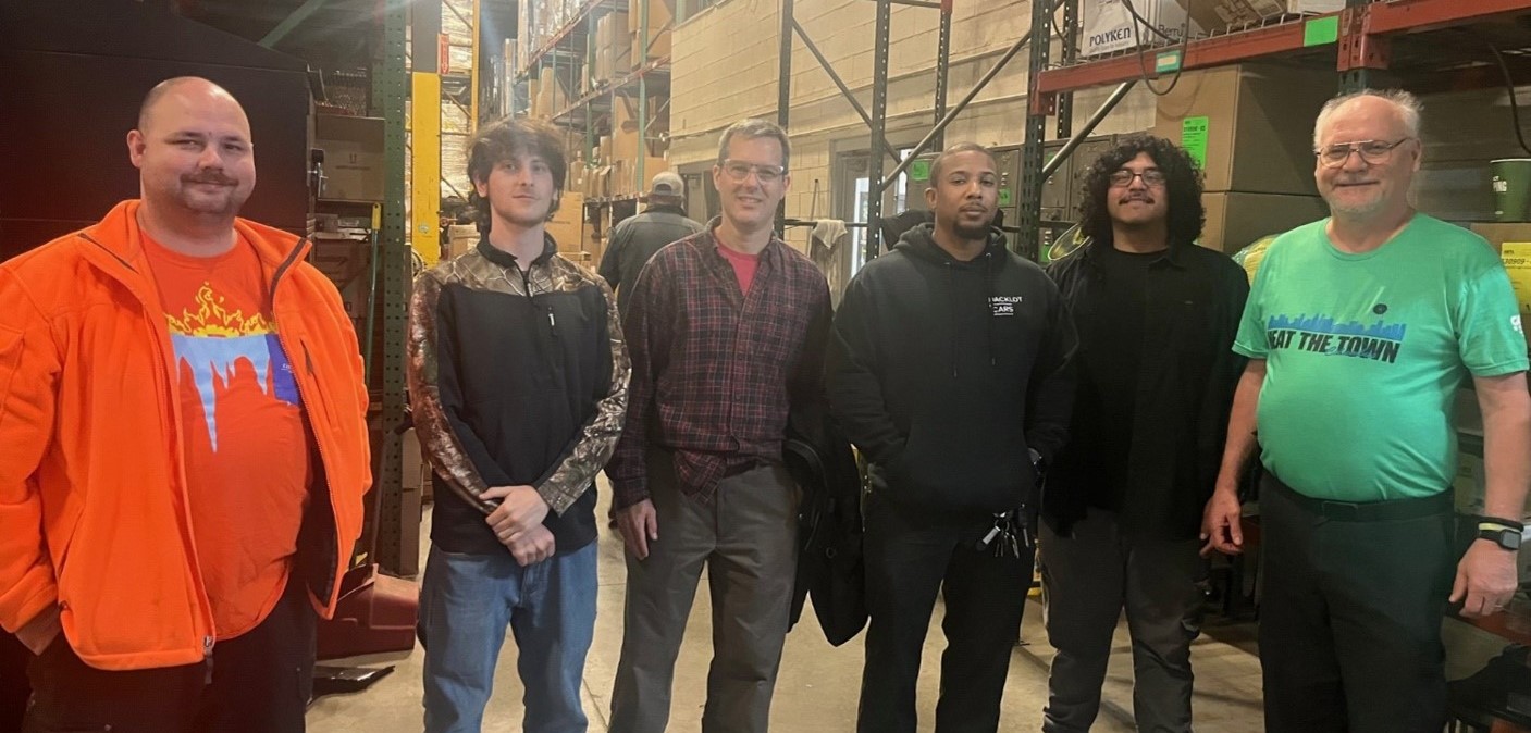 Left to right: James Rucker, Felix Brooks-Quijada, James Baker, Isiah Allen, Angel Ruiz, and Associate Professor William Highley.