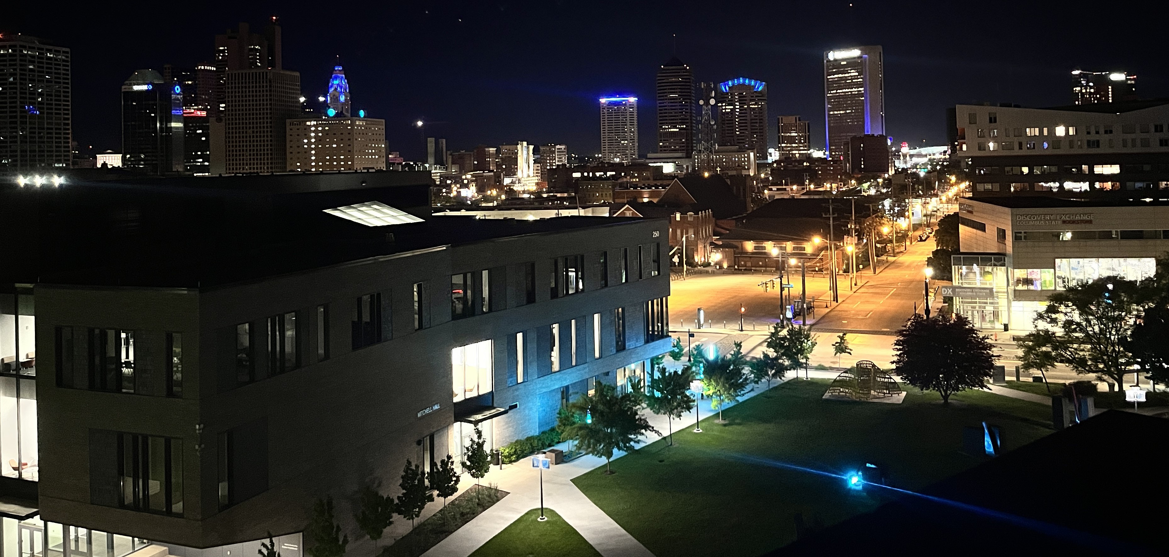 The Columbus Campus and area buildings lit up for Light Ohoi Blue 2024.