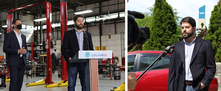 (Pictured above left, Assistant Professor Ian Andrews speaks at the Project Taillight news conference on May 18 in the Delaware Hall Automotive Lab as Columbus City Attorney Zach Klein looks on. Above right, Andrews is interviewed by NBC 4.)