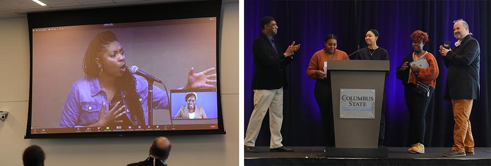 Above left, Barbara Fant was the keynote reader for the 25th annual Poets in Black event on Feb. 23. Fant spoke from the Delaware Campus. Above right, Allen Coleman, Humanities adjunct professor, stands to the left as African American history students read a selection around a podium in Mitchell Hall on the Columbus Campus.
