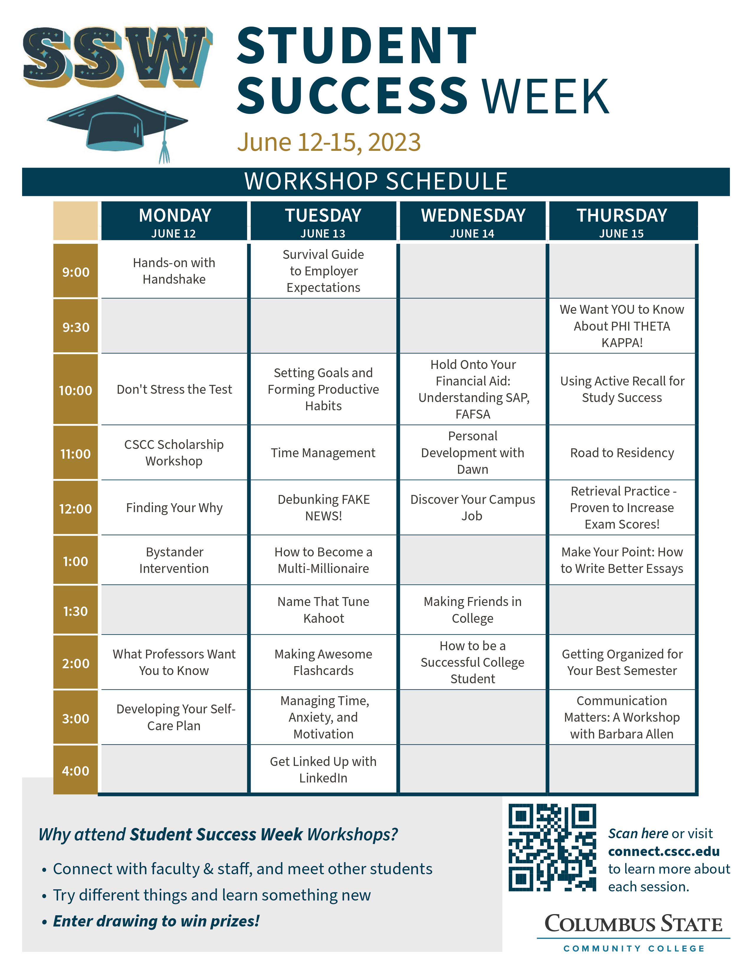The full student success week flyer with each date and time listed.