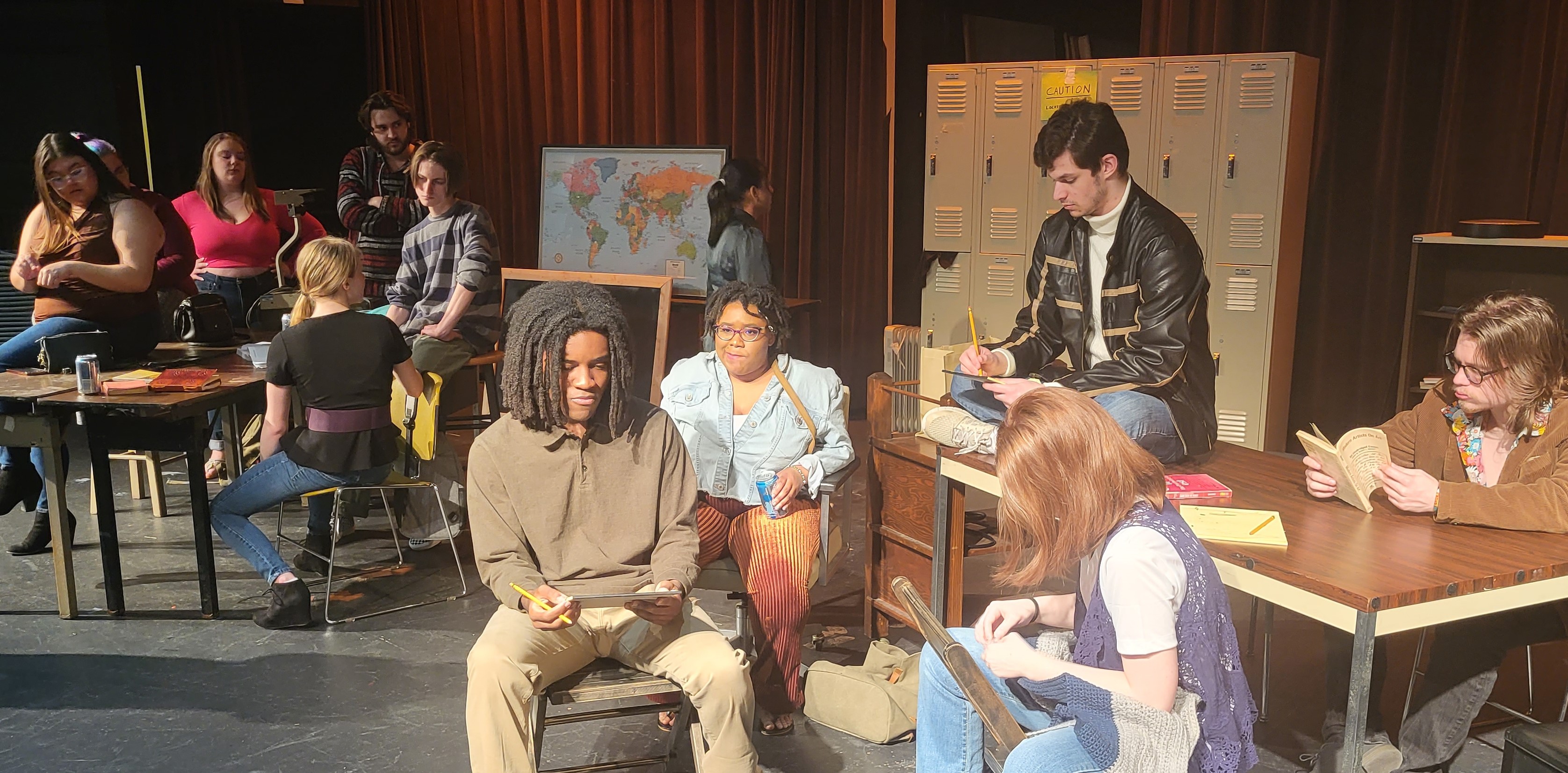 Students in a “Civics and Humanities for Non-Majors” rehearsal on March 27.