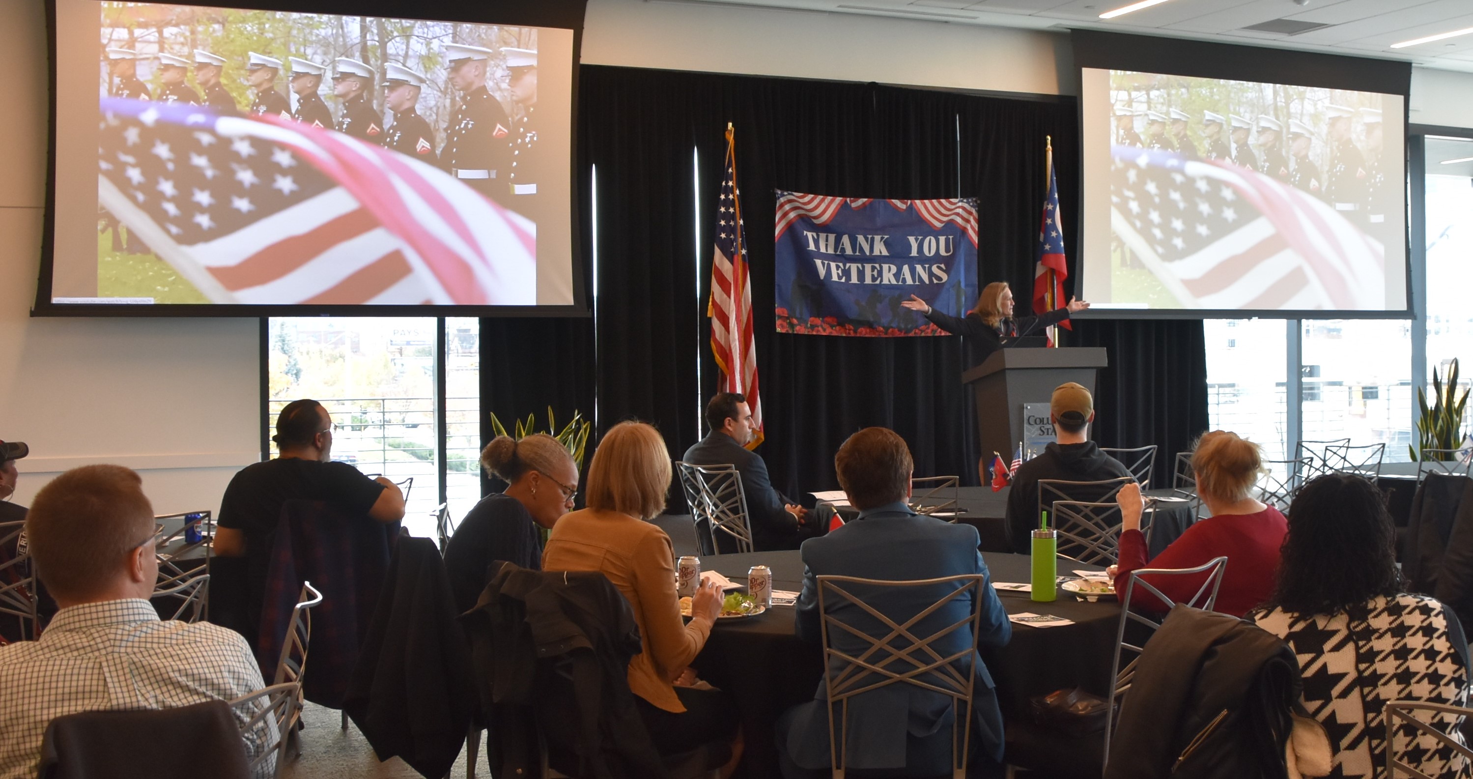 Retired Maj. Gen. Deborah Ashenhurst addresses attendees at the Veterans Day Commemoration Luncheon in Michell Hall on Nov. 13.
