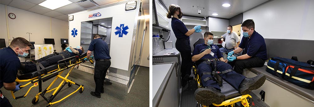 Jarrett Harding loads “patient” Kendal Fulmer into one of the new simulation ambulances as Gavin Kay assists at the head of the cot. All three are students. Above right, Fulmer, Kay, and Harding inside the ambulance. Monitoring them from the back is Dwayne Monical, preceptor. 
