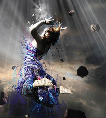 Digital painting of woman jumping in asteroid belt.