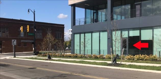 The southside of Mitchell Hall showing the door where the cookie pickup site is located. 