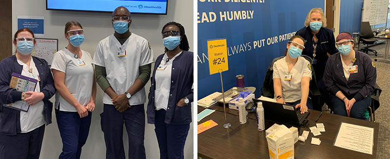 Left picture, left to right, students Amy Smith, Whitney Bunders, Ben Ayette, and Rita Adu. Right picture: Jackie Miller, Nursing professor, is standing in the middle, with students Jamie Keller on her left, and Tori Kisamore on her right. 