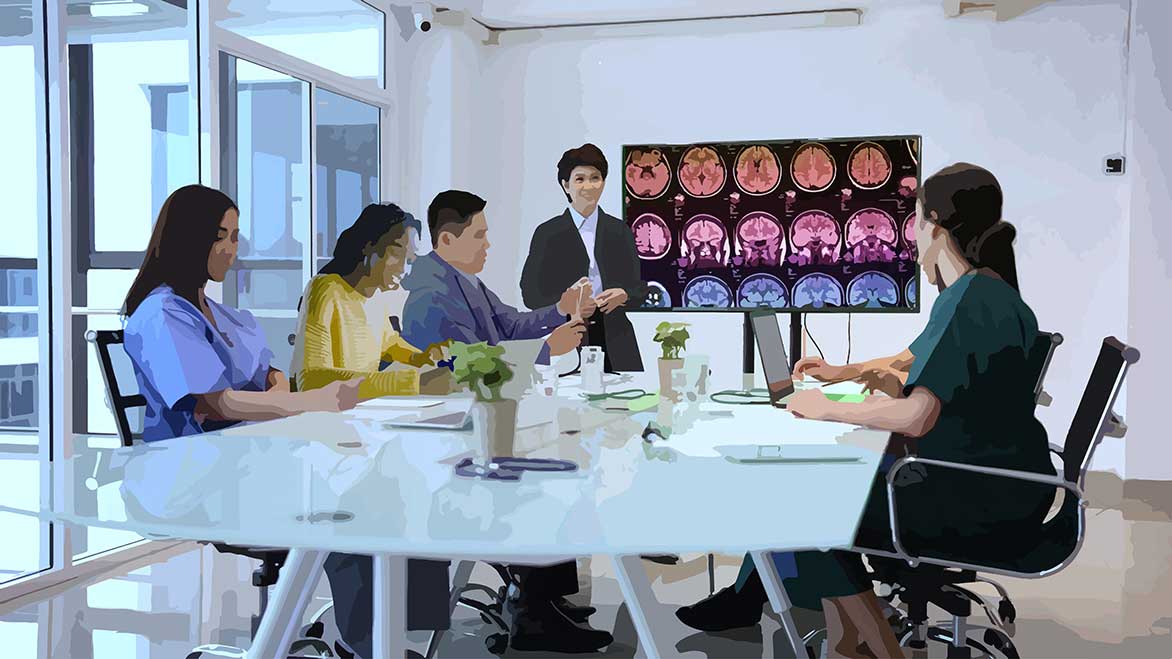 
This artist’s visualization depicts open class and conference rooms, which will be equipped with the latest technology to simulate today’s modern healthcare work environment, better preparing students to seamlessly transition between learning and working in healthcare.
