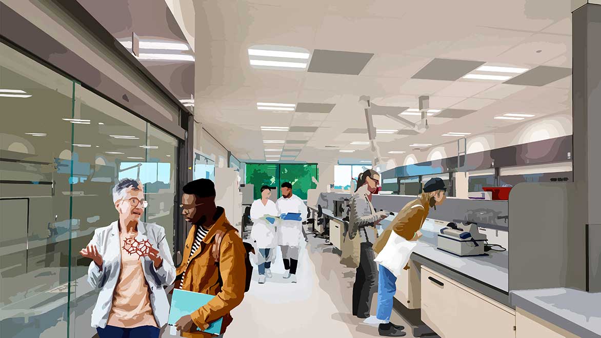 
This visualization depicts innovative, open teaching, learning, and laboratory environments that will put learning and career preparation on display for all who visit Columbus State.
