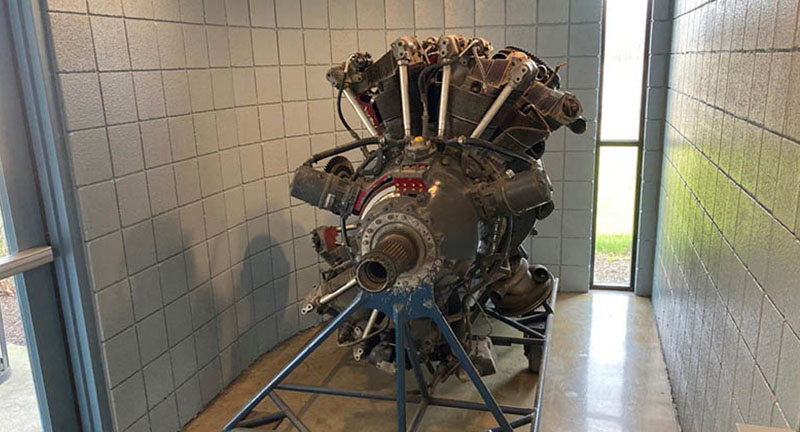 Aircraft engine displayed in foyer