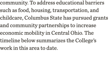 community  To address educational barriers such as food, housing, transportation, and childcare, Columbus State has p   