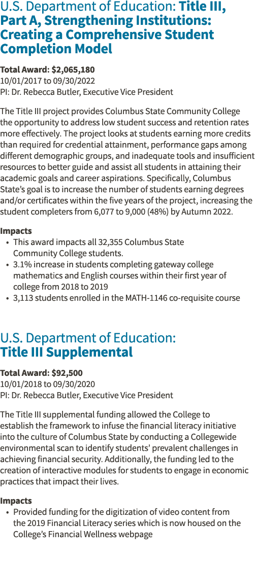 U S  Department of Education: Title III, Part A, Strengthening Institutions: Creating a Comprehensive Student Complet   