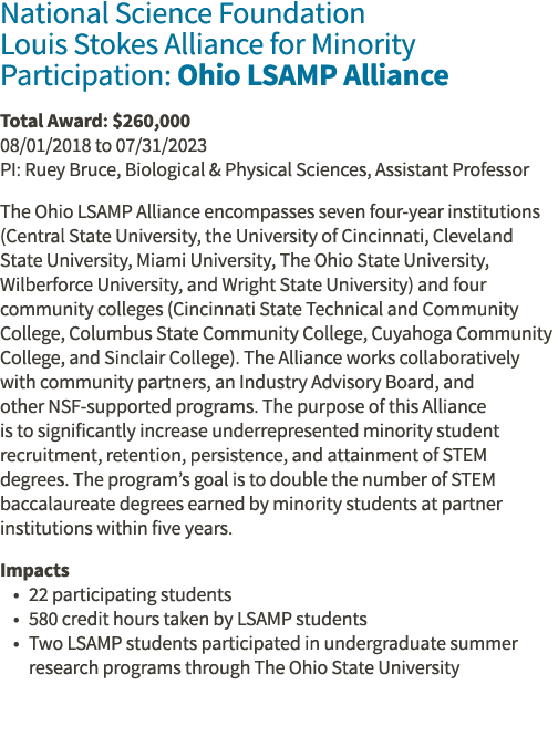 National Science Foundation Louis Stokes Alliance for Minority Participation: Ohio LSAMP Alliance Total Award:  260,0   