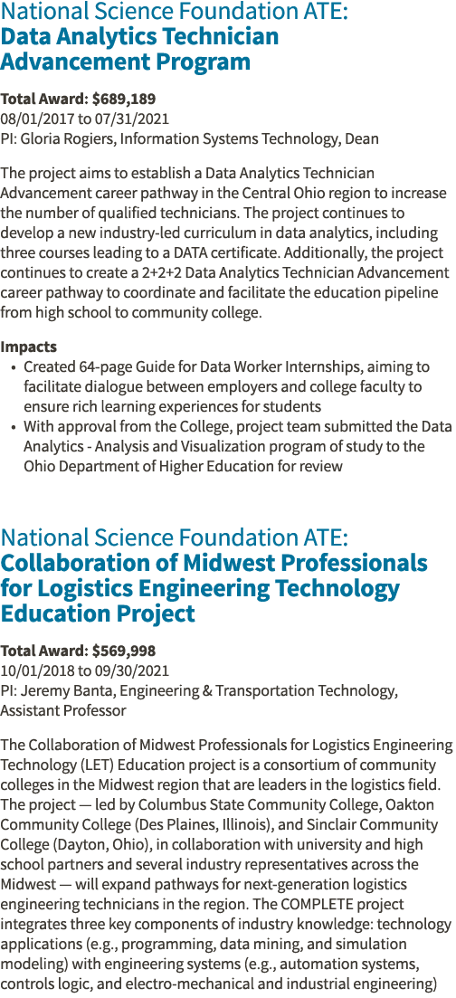 National Science Foundation ATE: Data Analytics Technician Advancement Program Total Award:  689,189 08 01 2017 to 07   