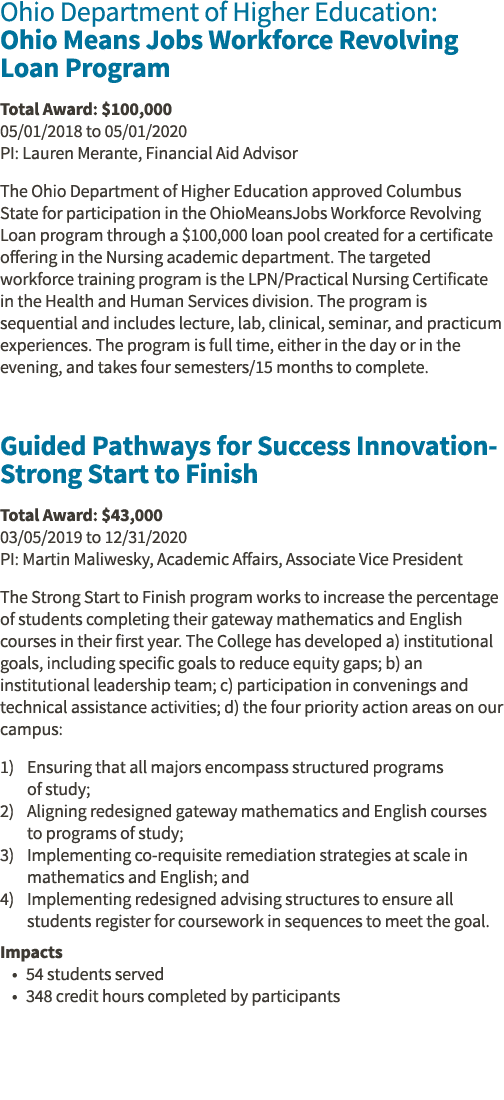 Ohio Department of Higher Education: Ohio Means Jobs Workforce Revolving Loan Program Total Award:  100,000 05 01 201   