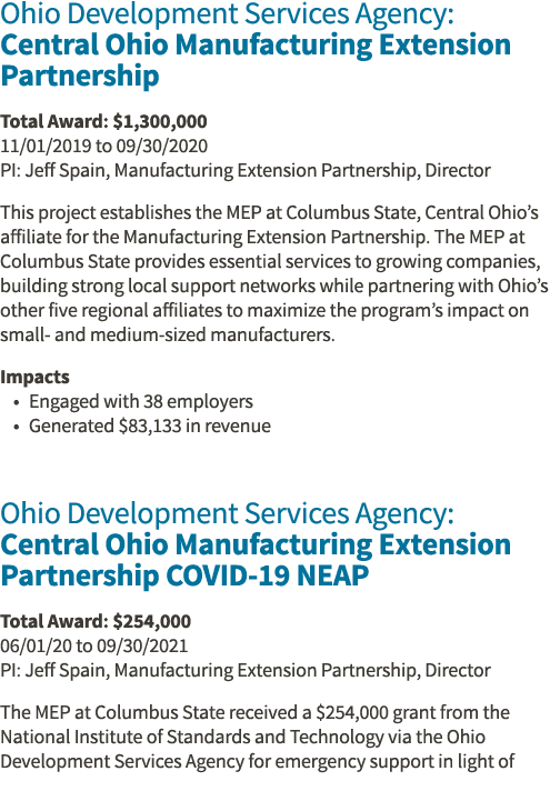 Ohio Development Services Agency: Central Ohio Manufacturing Extension Partnership Total Award:  1,300,000 11 01 2019   