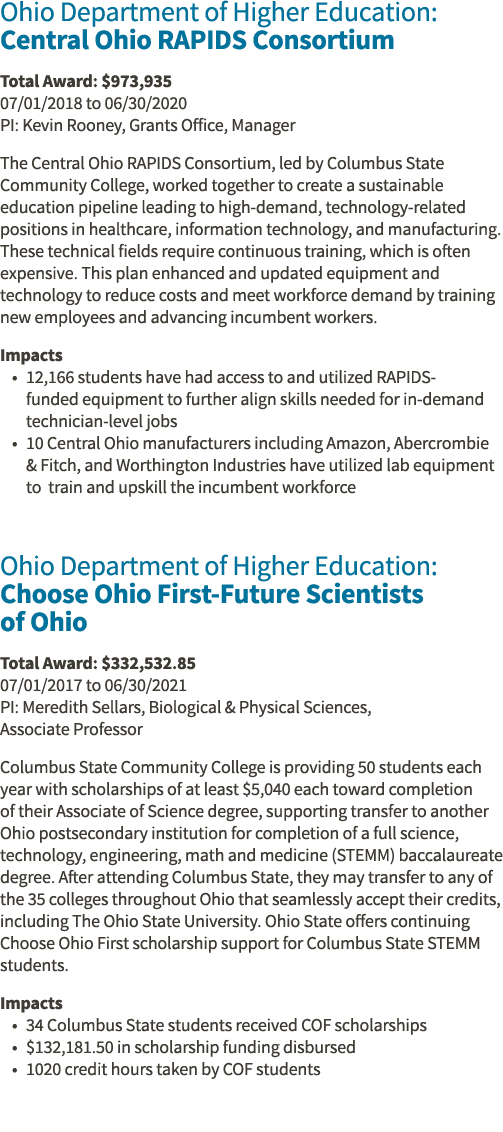 Ohio Department of Higher Education: Central Ohio RAPIDS Consortium Total Award:  973,935 07 01 2018 to 06 30 2020 PI   