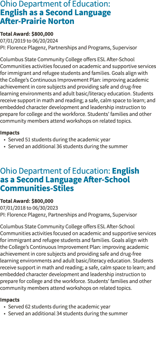 Ohio Department of Education: English as a Second Language After-Prairie Norton Total Award:  800,000 07 01 2019 to 0   