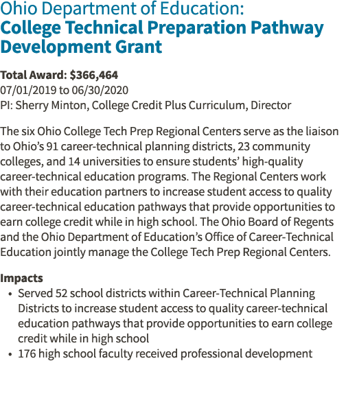 Ohio Department of Education: College Technical Preparation Pathway Development Grant Total Award:  366,464 07 01 201   