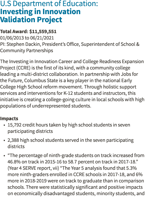 U S Department of Education: Investing in Innovation Validation Project Total Award:  11,559,551 01 06 2013 to 06 21    