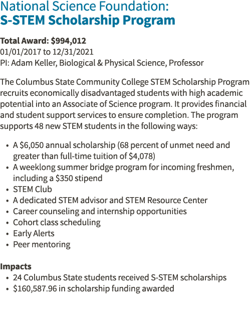 National Science Foundation: S-STEM Scholarship Program Total Award:  994,012 01 01 2017 to 12 31 2021 PI: Adam Kelle   