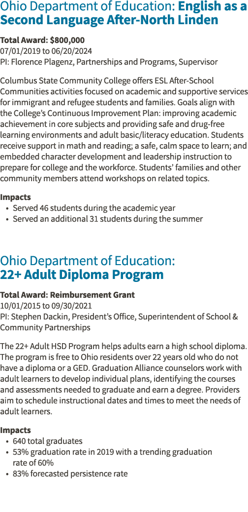 Ohio Department of Education: English as a Second Language After-North Linden Total Award:  800,000 07 01 2019 to 06    