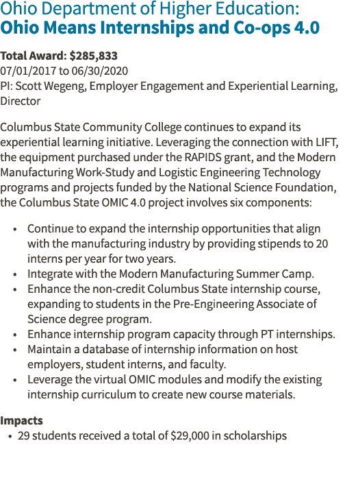 Ohio Department of Higher Education: Ohio Means Internships and Co-ops 4 0 Total Award:  285,833 07 01 2017 to 06 30    