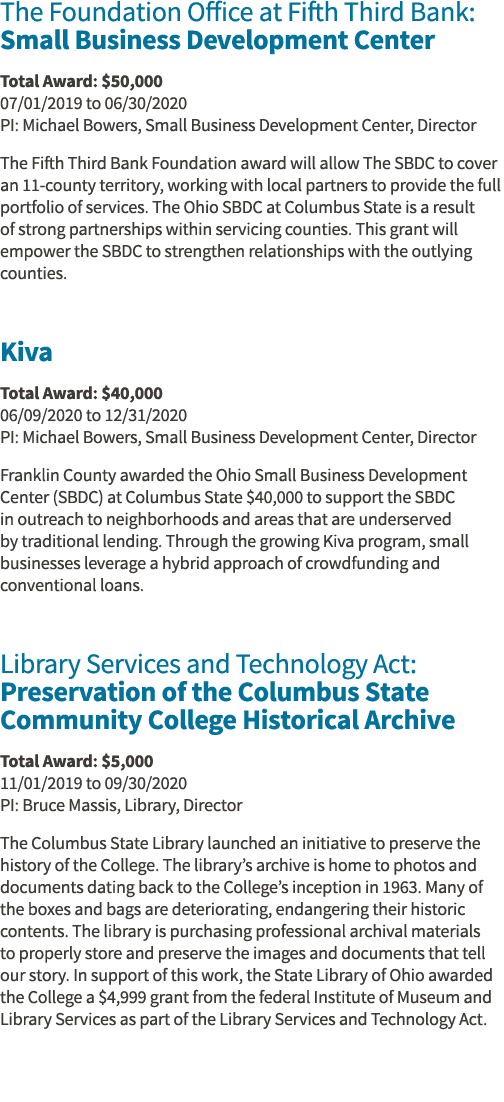 The Foundation Office at Fifth Third Bank: Small Business Development Center Total Award:  50,000 07 01 2019 to 06 30   