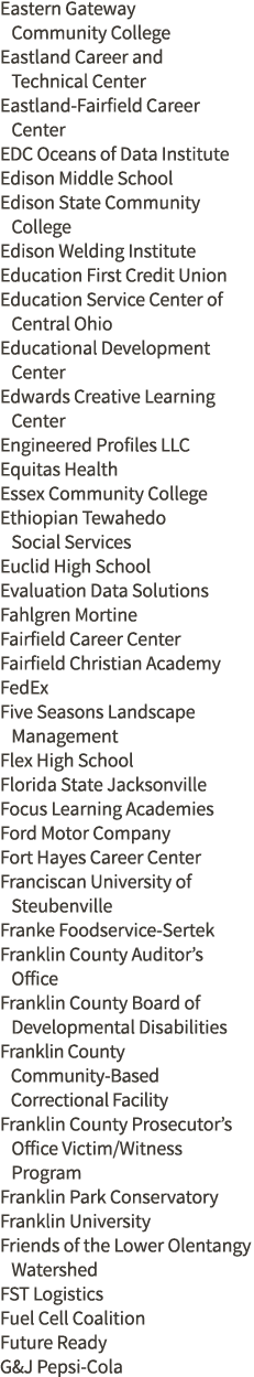 Eastern Gateway   Community College Eastland Career and   Technical Center Eastland-Fairfield Career   Center EDC Oce   