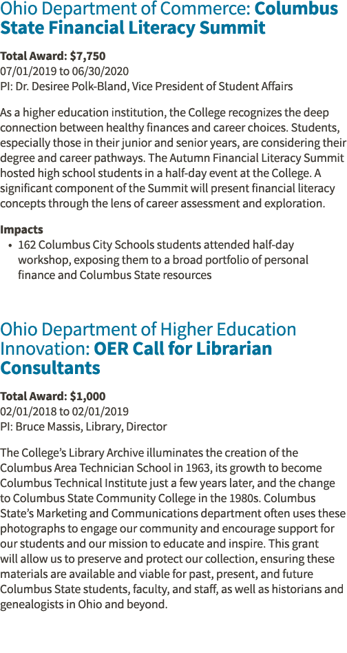 Ohio Department of Commerce: Columbus State Financial Literacy Summit Total Award:  7,750 07 01 2019 to 06 30 2020 PI   
