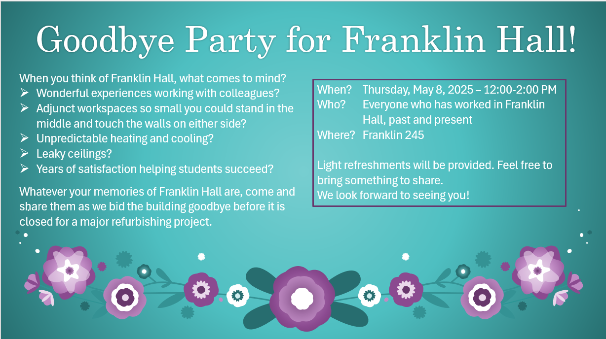 The invitation for the Goodbye Party for Franklin Hall.