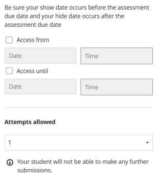 Blackboard screenshot of Access Dates and Attempts Allowed interface