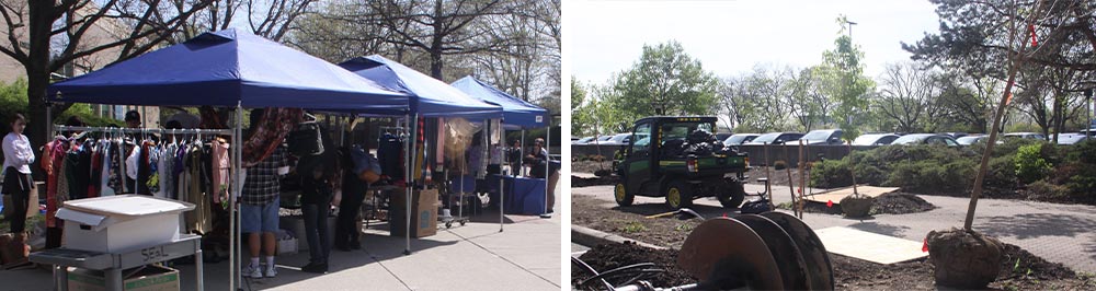 Above left, the Sustainability Fair on the Columbus Campus. On the right, the Facilities Management team helped prepare places around campus to plant trees.