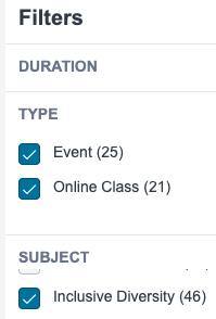 Screenshot of Cornerstone filters for searching for Inclusive Diversity