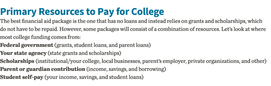  Primary Resources to Pay for College The best financial aid package is the one that has no loans and instead relies    