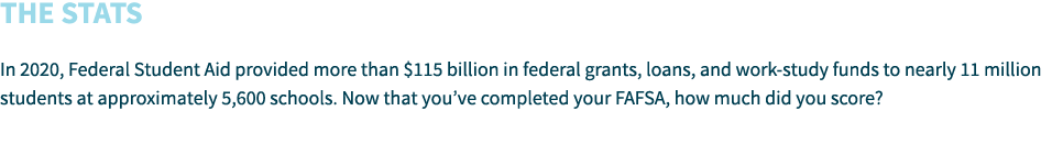 The Stats  In 2020, Federal Student Aid provided more than  115 billion in federal grants, loans, and work-study fund   