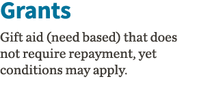 Grants Gift aid (need based) that does not require repayment, yet conditions may apply  