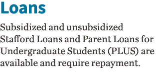 Loans Subsidized and unsubsidized Stafford Loans and Parent Loans for Undergraduate Students (PLUS) are available and   