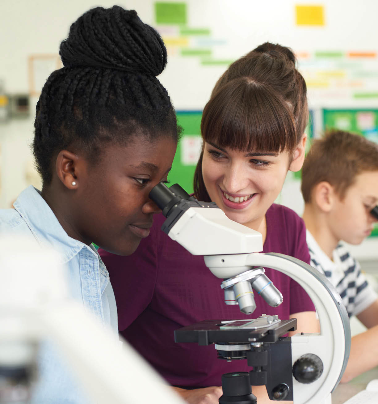 Group Of Pupils With Teacher Using Microscopes In Science Class